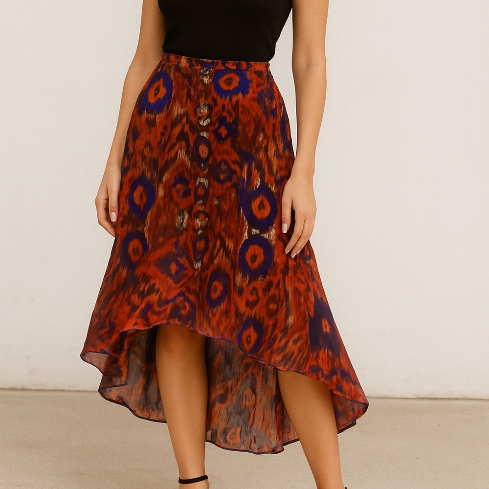 Burnt Orange Printed Flowy Lined Skirt with Button Medium